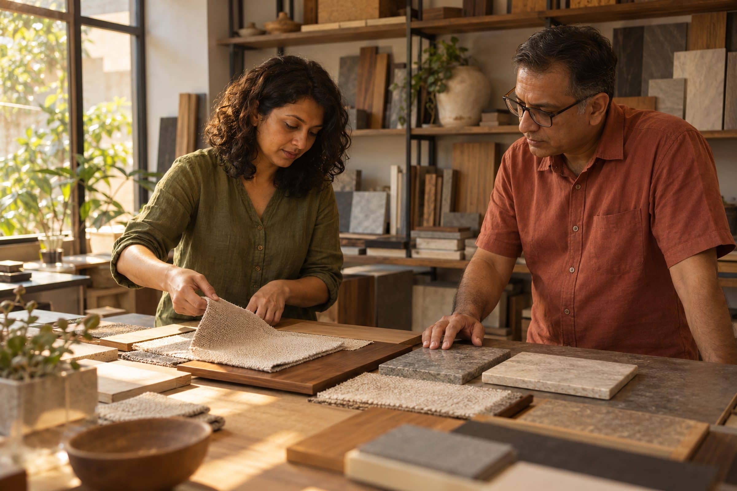 A designer and client choosing materials.