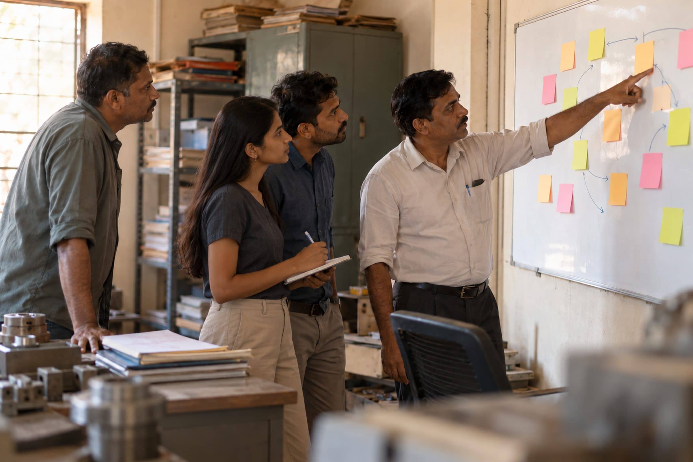 A team mapping how the business works on a whiteboard.