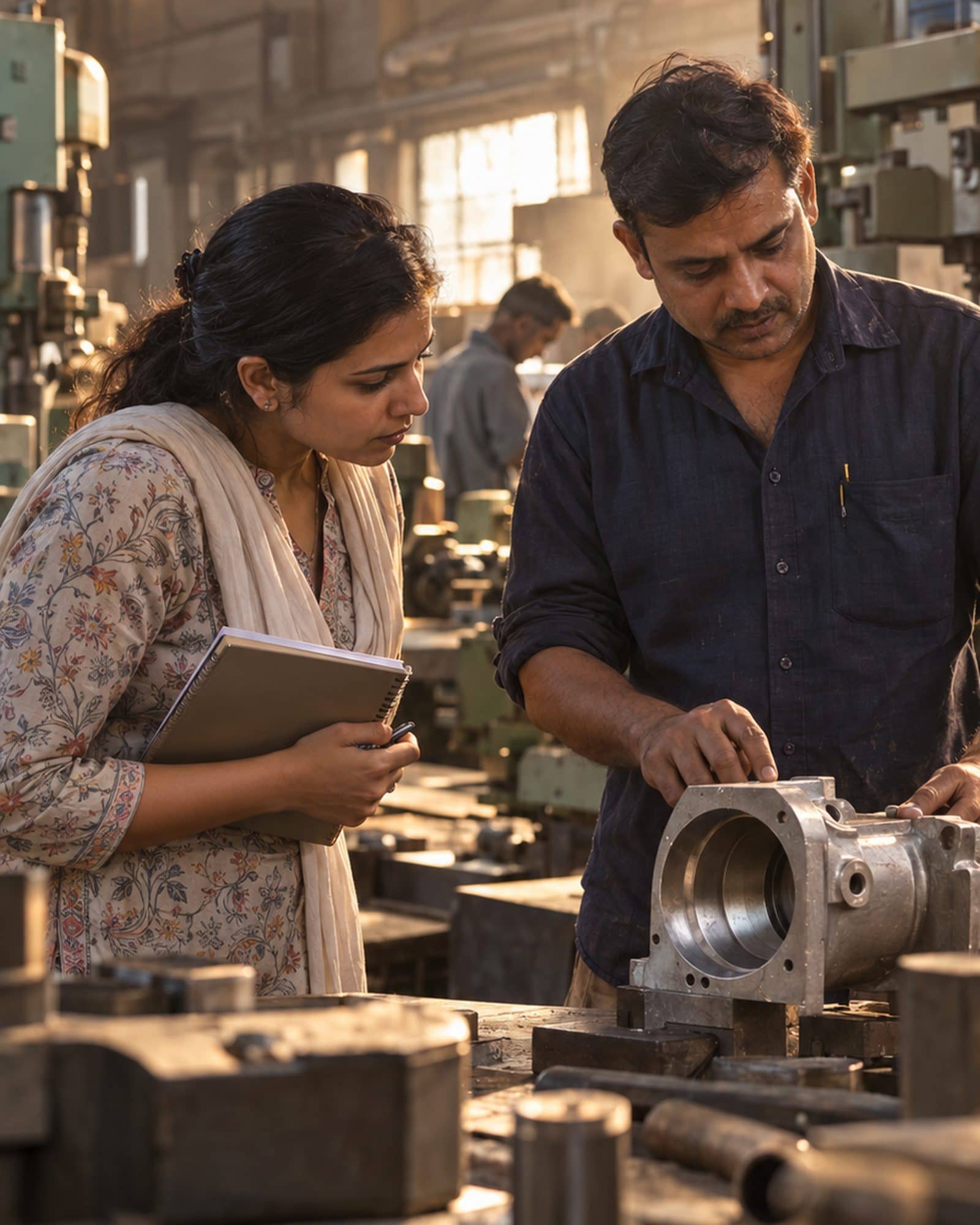 A consultant and a workshop owner looking at work on the factory floor.