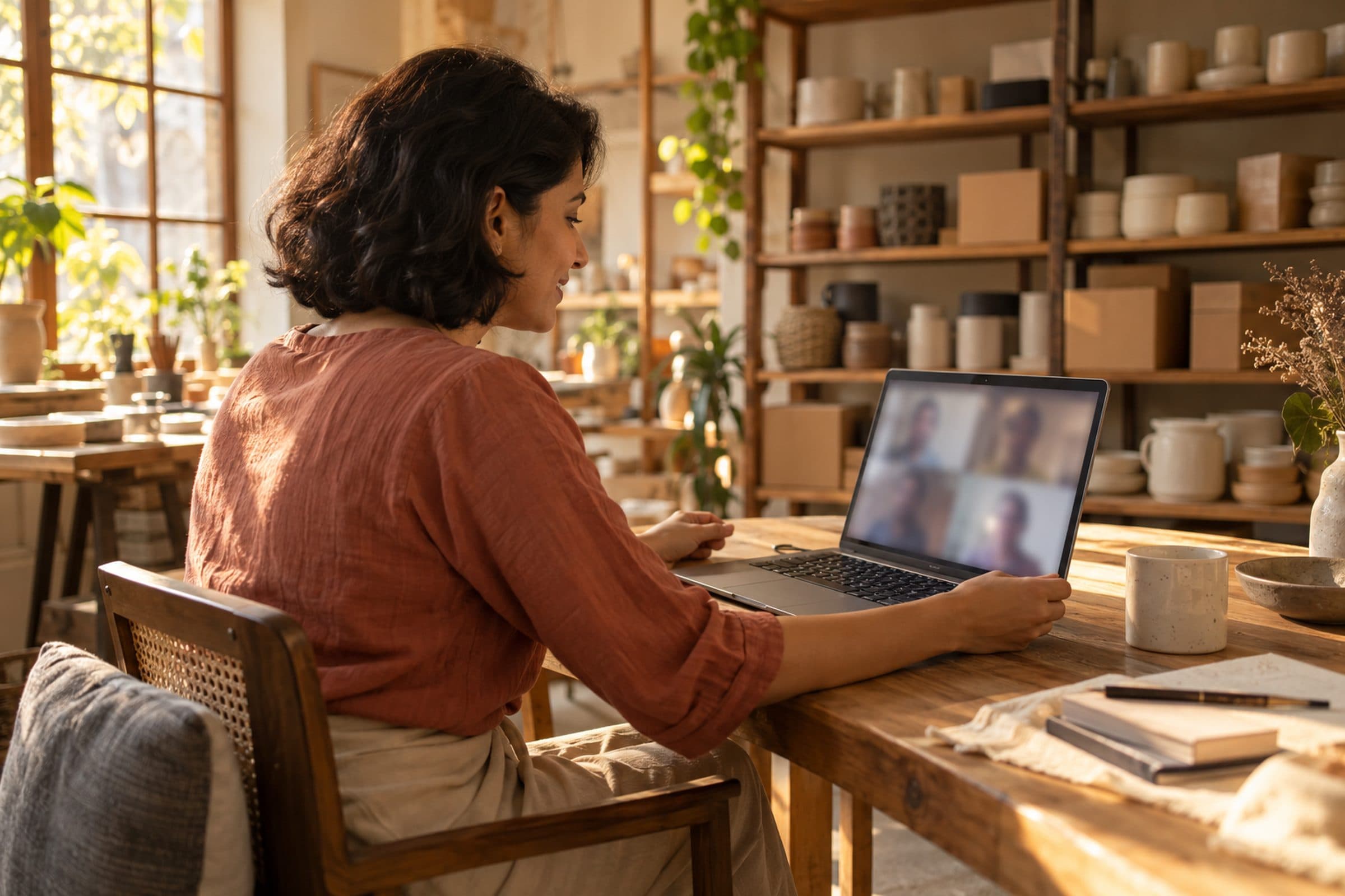 A founder showing her business on a video call.