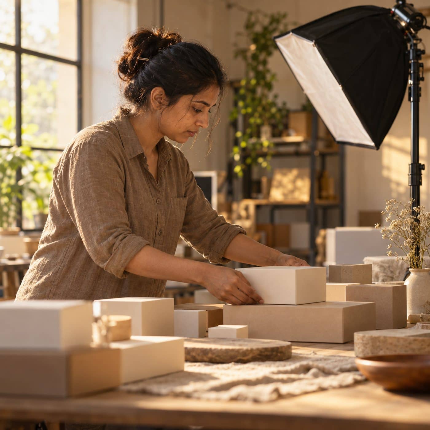 Packaging being styled for a product shoot.