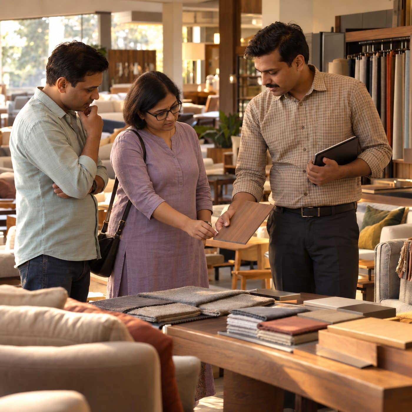 A salesperson with customers in a showroom.