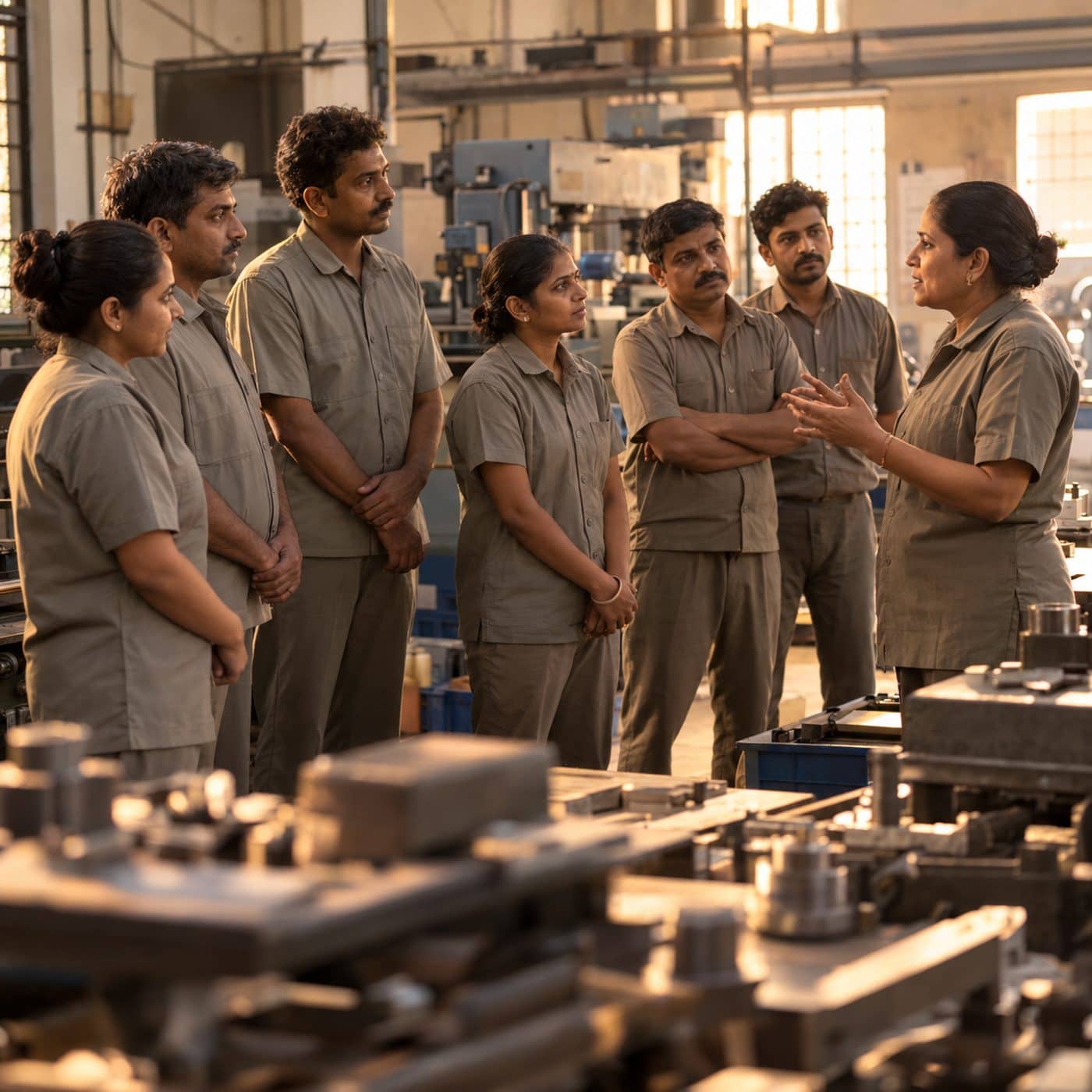 A morning team huddle on the shop floor.