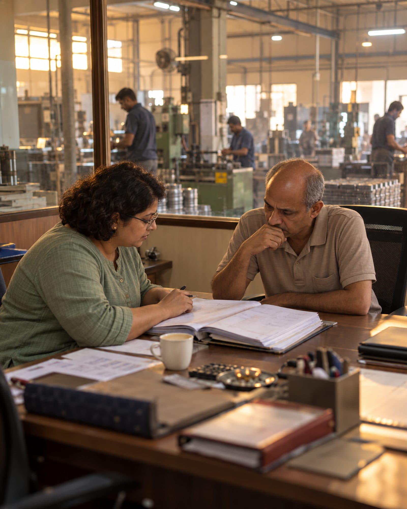 A consultant and a factory owner going through the books in his cabin.