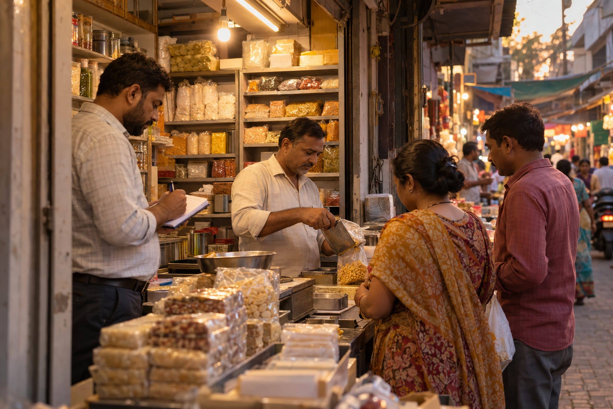 A consultant quietly observing a shop counter during business hours.